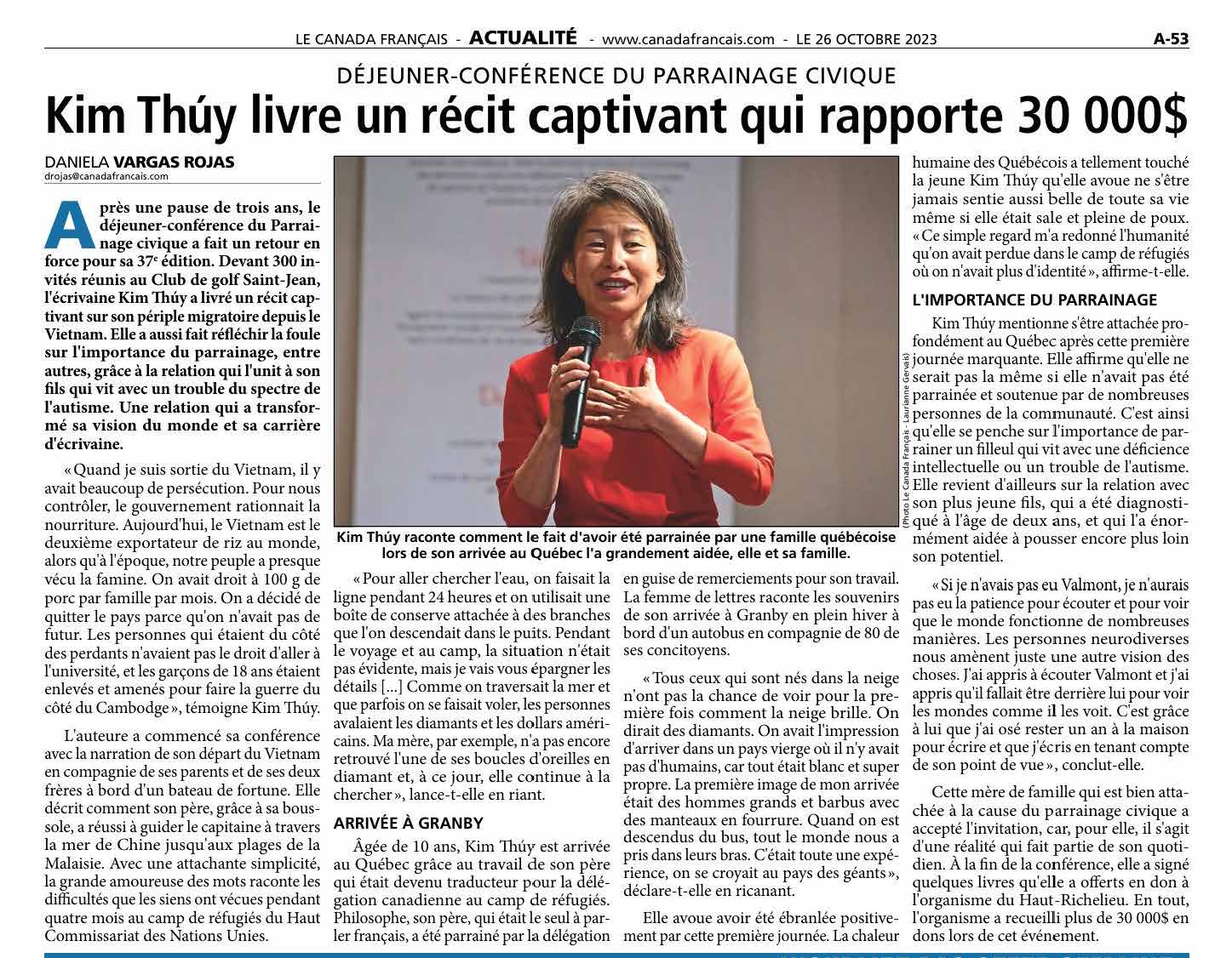 Article du Journal Le Canada Français Kim Thuy livre un récit captivant qui rapporte 30 000 $
